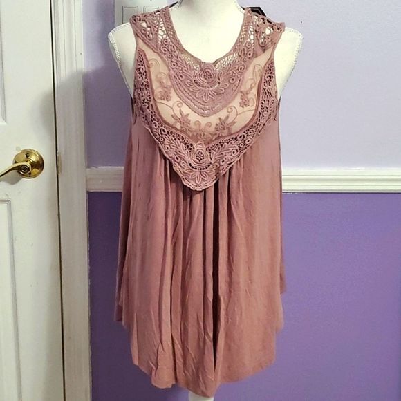CY Mauve Boho Romantic Lace Flowy Sleeveless Modal Tunic Top - Picture 1 of 10